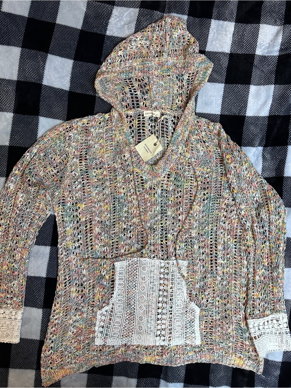 Women's Multicolor Open-Knit Hooded Sweater with Lace Pocket